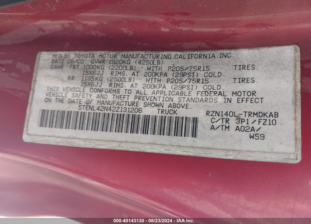 2002 TOYOTA TACOMA VIN: 5TENL42N42Z131206