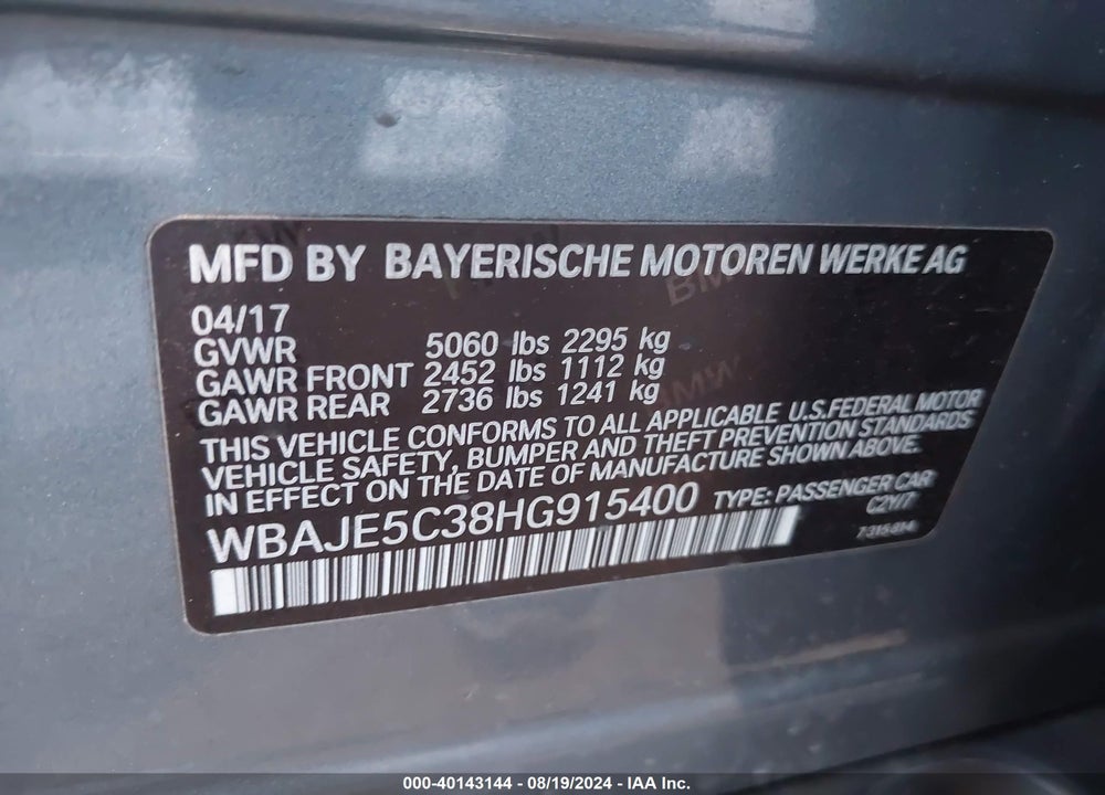 2017 BMW 540I VIN: WBAJE5C38HG915400