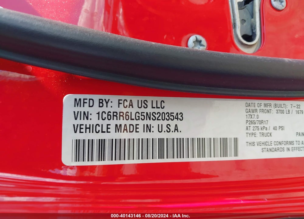 2022 RAM 1500 CLASSIC VIN: 1C6RR6LG5NS203543