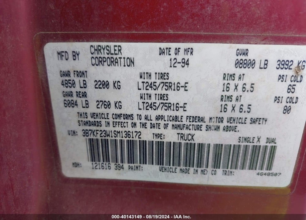 1995 DODGE RAM 2500 VIN: 3B7KF23W1SM136172