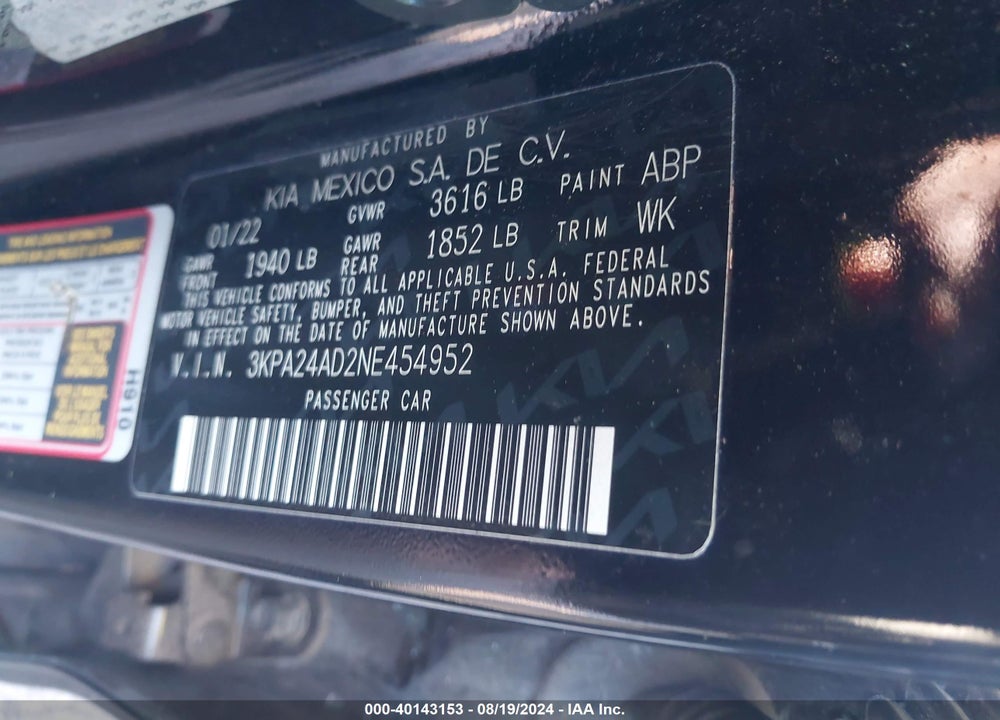 2022 KIA RIO S VIN: 3KPA24AD2NE454952