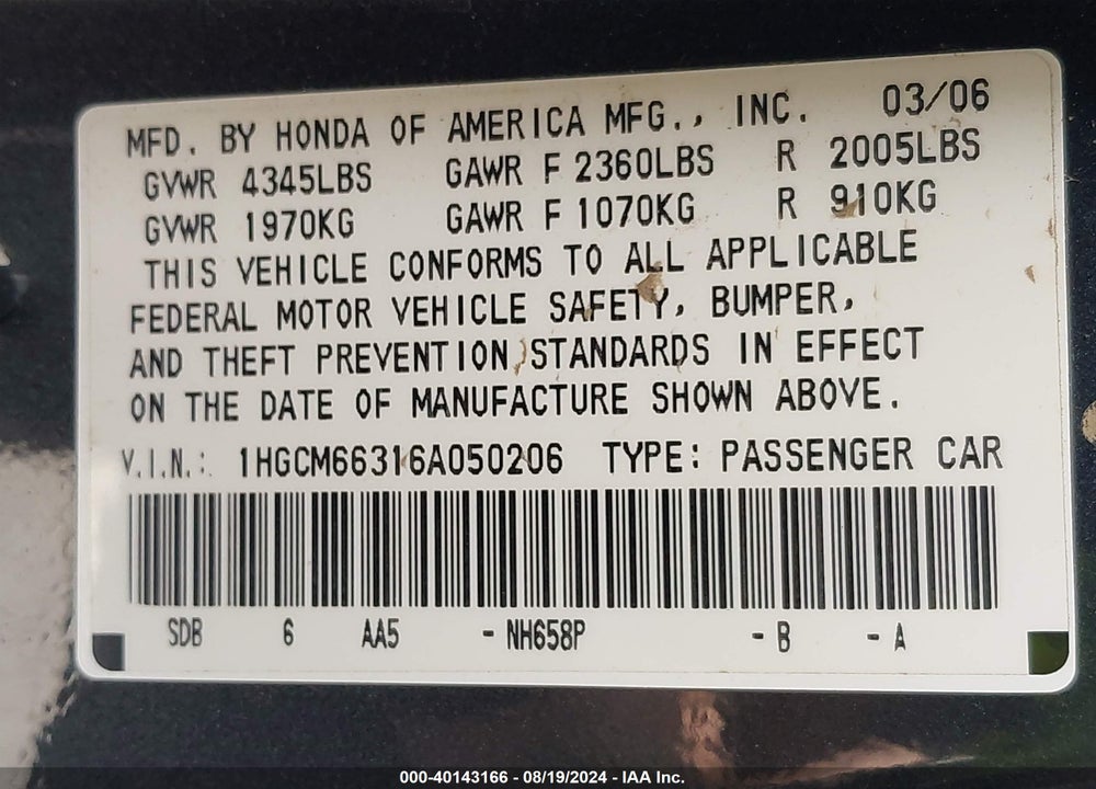 2006 HONDA ACCORD 3.0 LX VIN: 1HGCM66316A050206