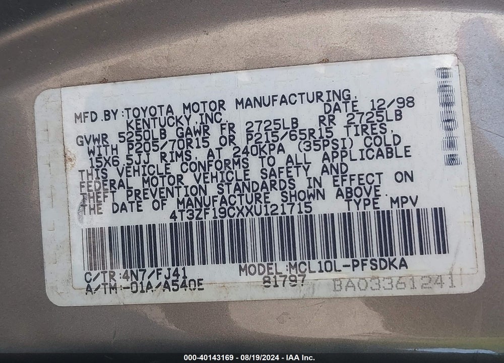 1999 TOYOTA SIENNA CE VIN: 4T3ZF19CXXU121715