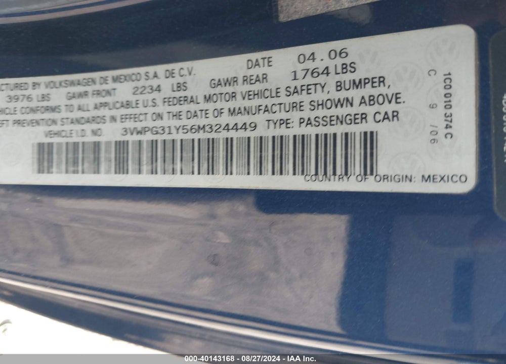 2006 VOLKSWAGEN NEW BEETLE 2.5 VIN: 3VWPG31Y56M324449