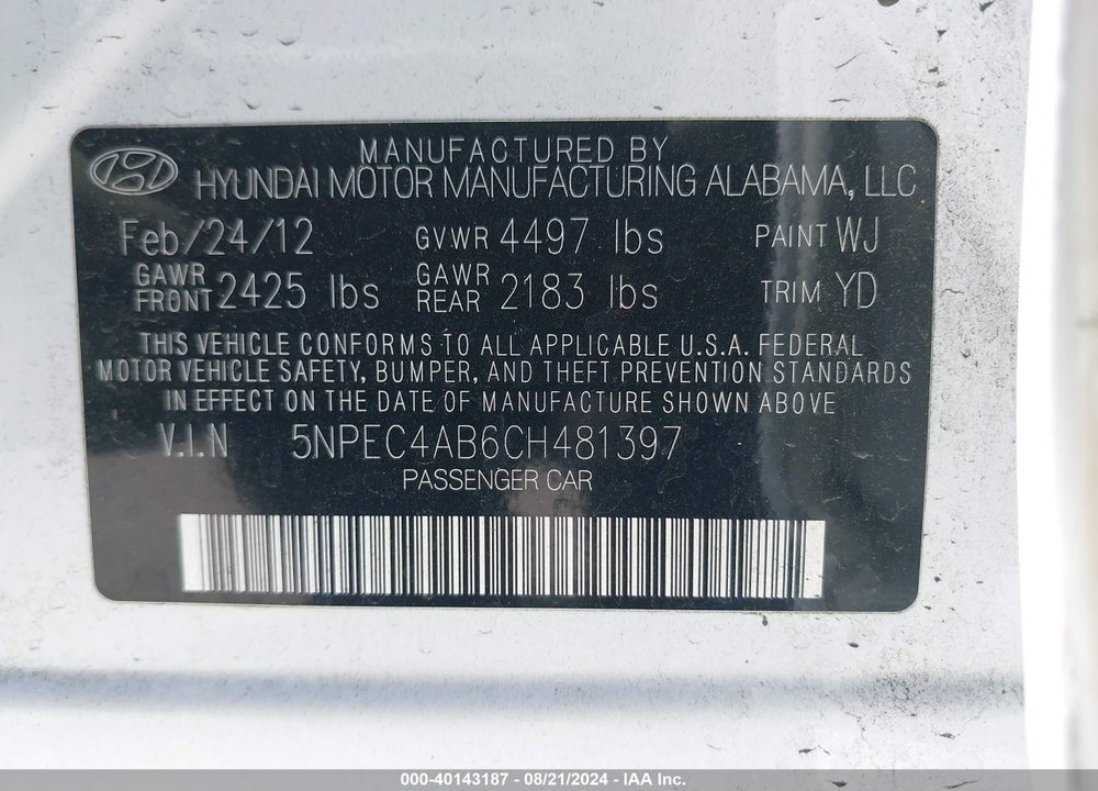 2012 HYUNDAI SONATA VIN: 5NPEC4AB6CH481397