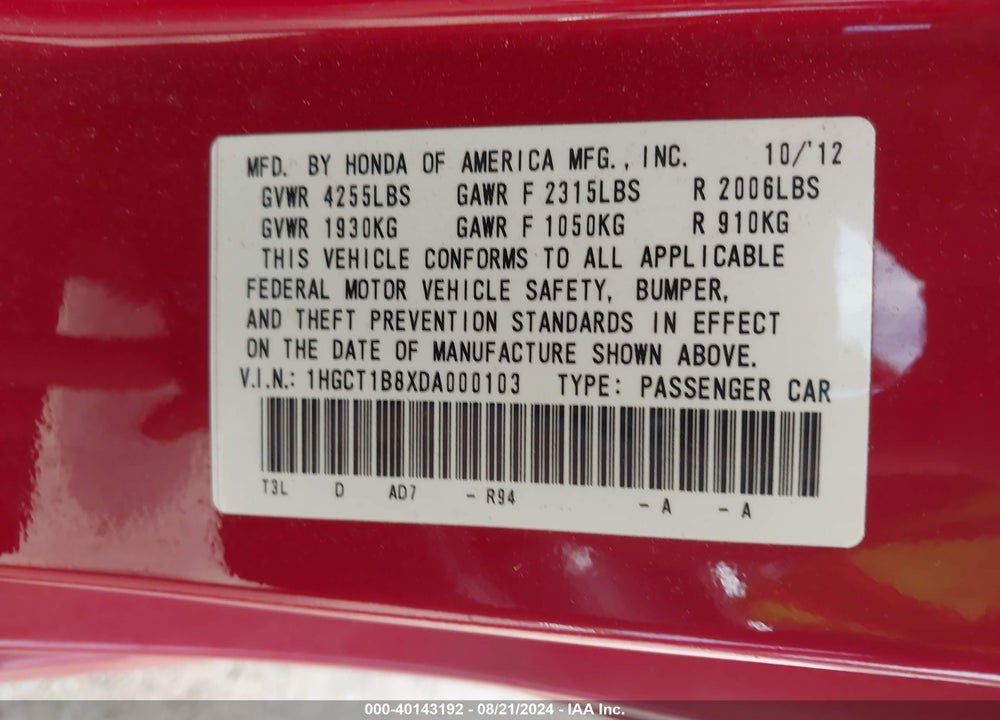 2013 HONDA ACCORD EX-L VIN: 1HGCT1B8XDA000103