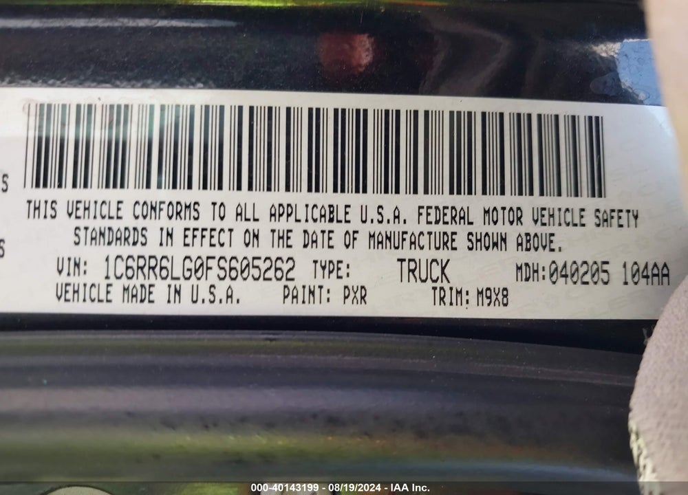 2015 RAM 1500 LONE STAR VIN: 1C6RR6LG0FS605262