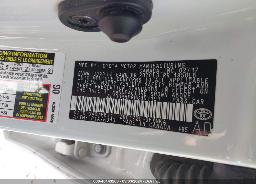 2017 TOYOTA COROLLA LE VIN: 2T1BURHE8HC851191