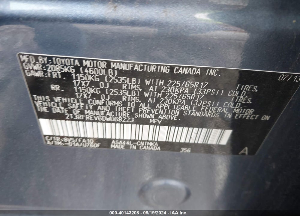 2013 TOYOTA RAV4 VIN: 2T3RFREV6DW068223
