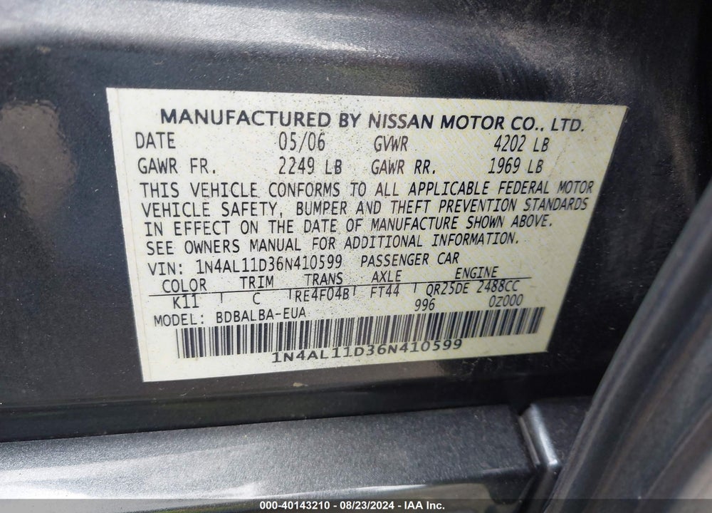 2006 NISSAN ALTIMA 2.5 S VIN: 1N4AL11D36N410599
