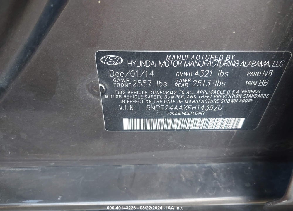 2015 HYUNDAI SONATA ECO VIN: 5NPE24AAXFH143970