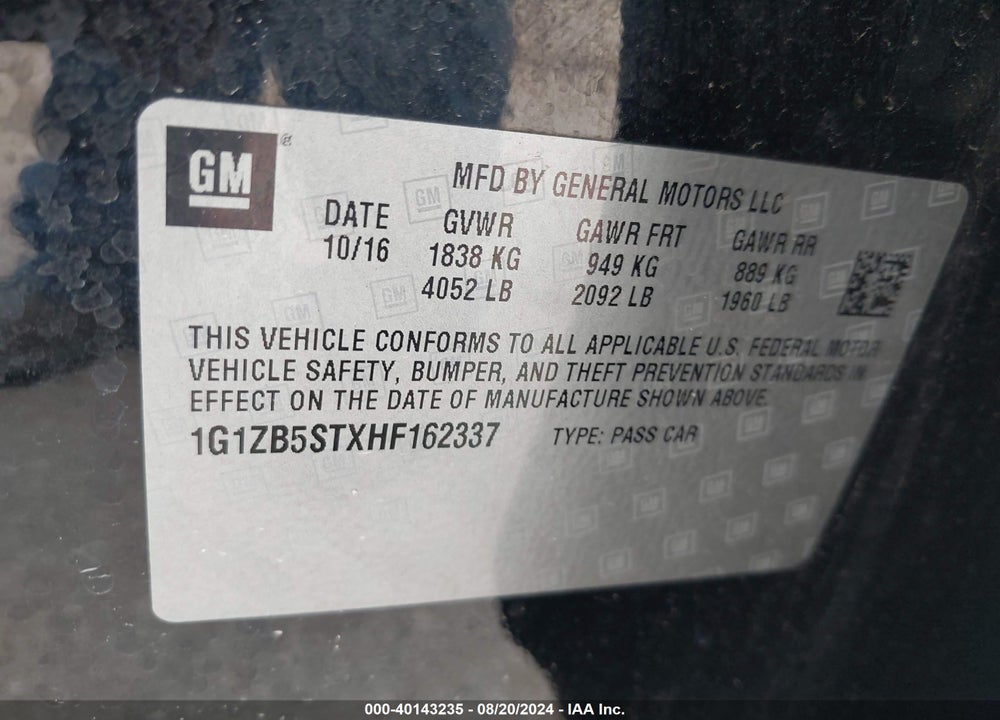 2017 CHEVROLET MALIBU LS VIN: 1G1ZB5STXHF162337