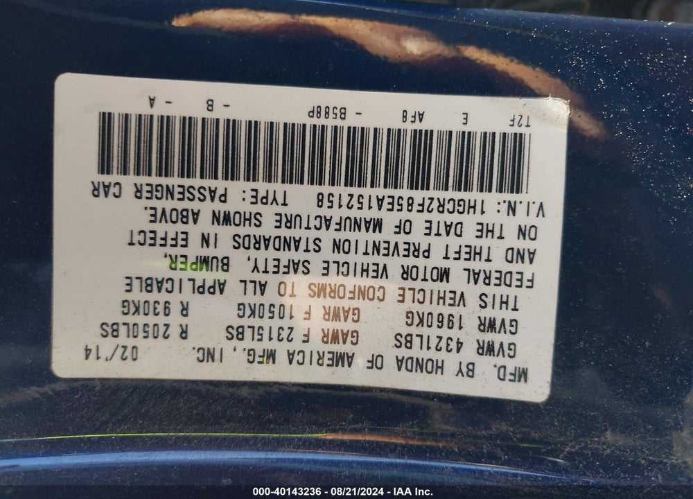 2014 HONDA ACCORD EX-L VIN: 1HGCR2F85EA152158