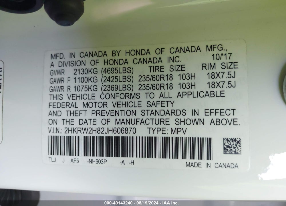 2018 HONDA CR-V EX-L/EX-L NAVI VIN: 2HKRW2H82JH606870