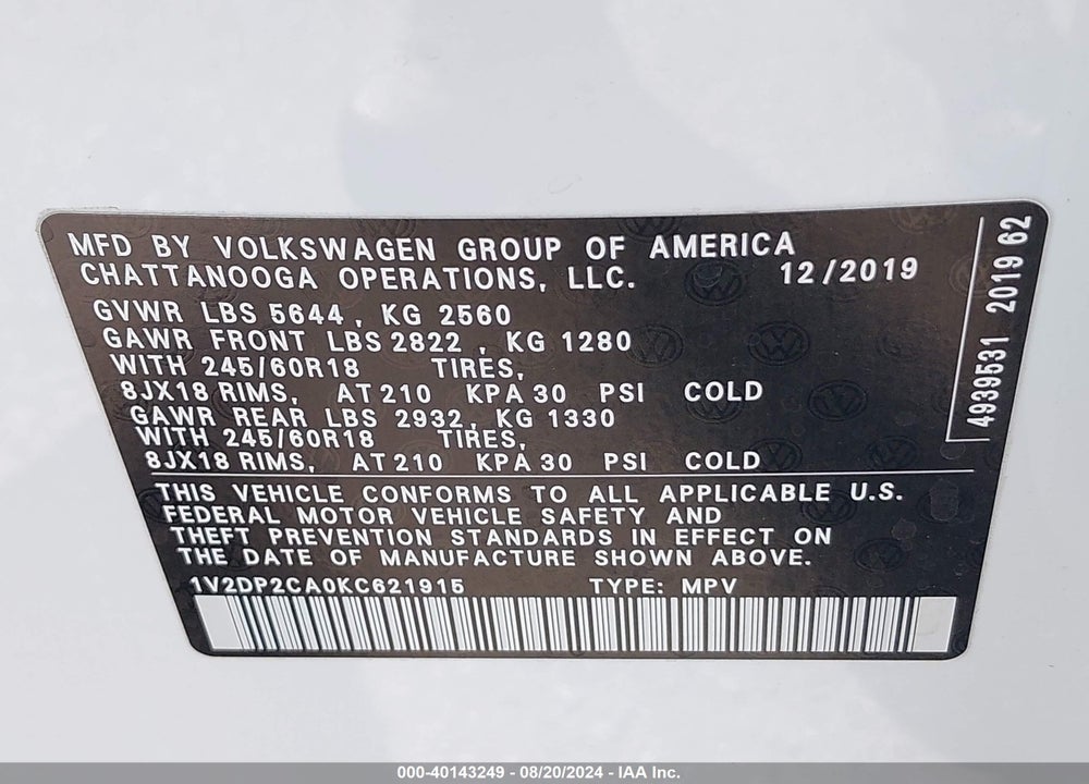 2019 VOLKSWAGEN ATLAS 2.0T SE VIN: 1V2DP2CA0KC621915