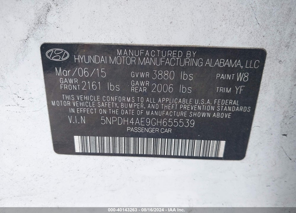 2016 HYUNDAI ELANTRA SE VIN: 5NPDH4AE9GH655539