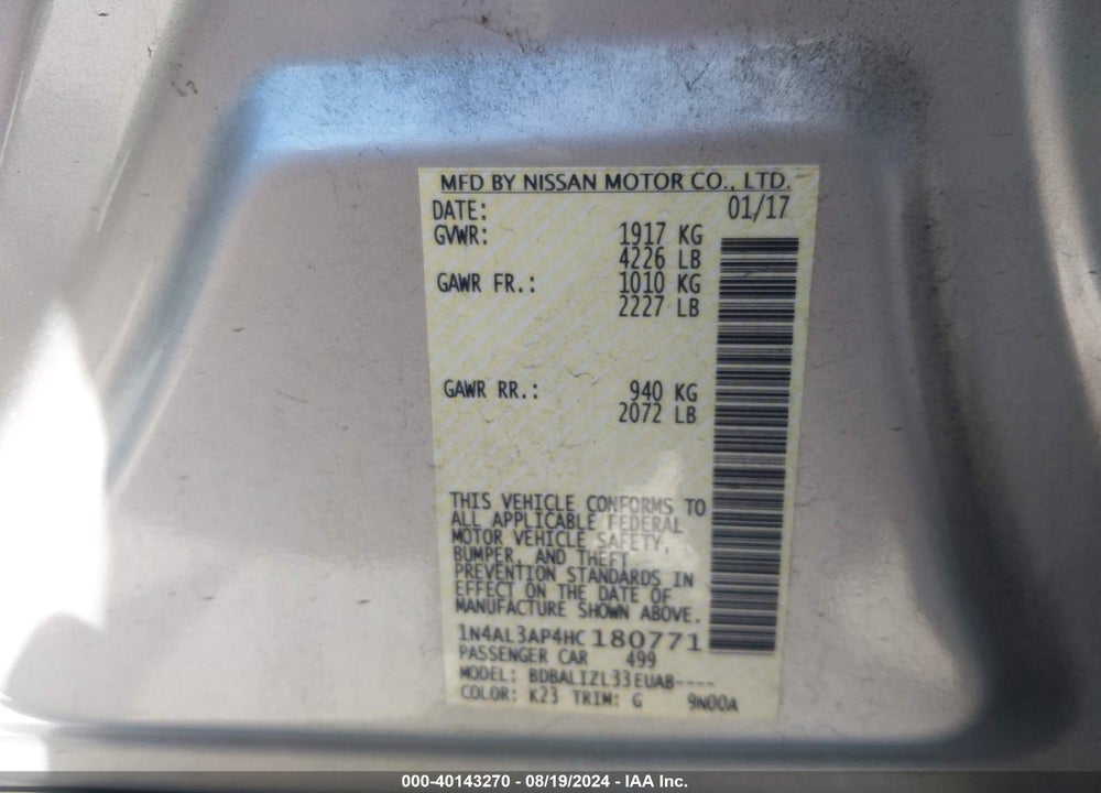 2017 NISSAN ALTIMA 2.5 SV VIN: 1N4AL3AP4HC180771
