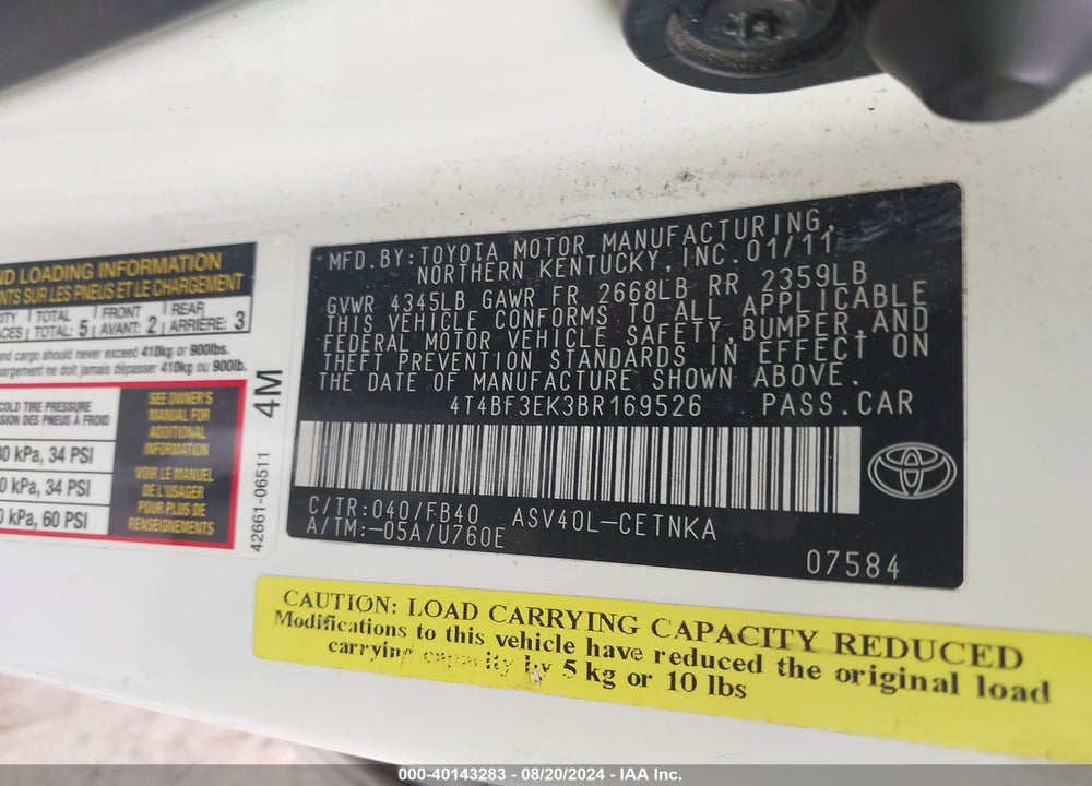 2011 TOYOTA CAMRY LE VIN: 4T4BF3EK3BR169526