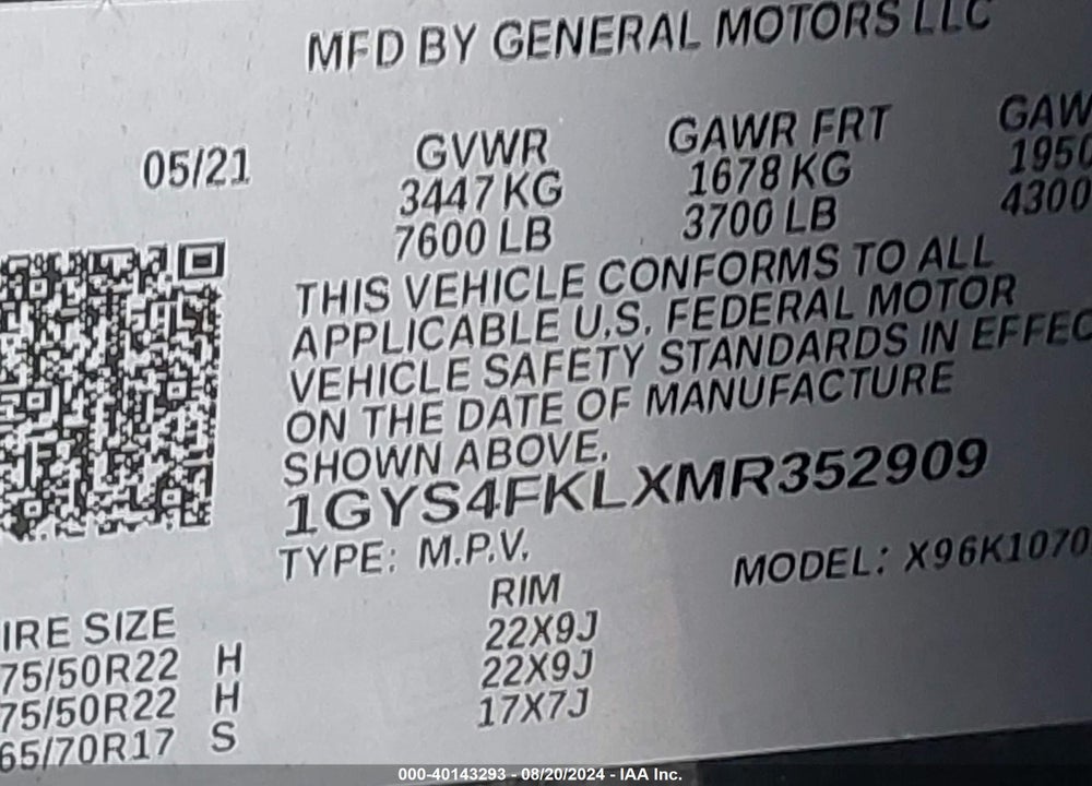 2021 CADILLAC ESCALADE 4WD SPORT VIN: 1GYS4FKLXMR352909