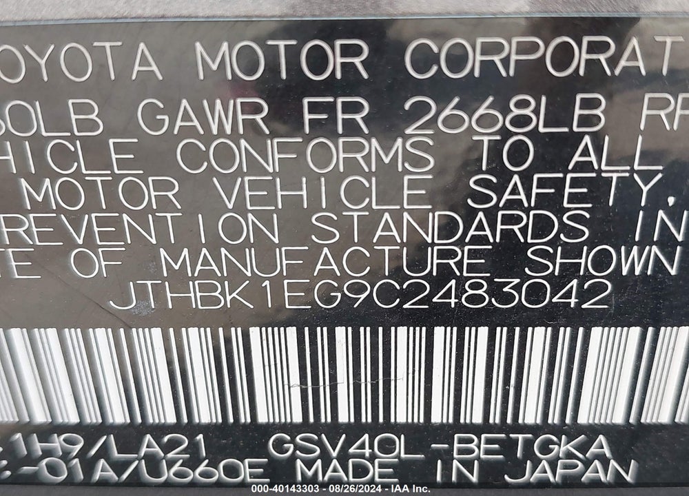 2012 LEXUS ES 350 VIN: JTHBK1EG9C2483042