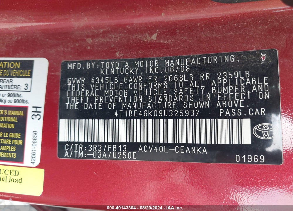 2009 TOYOTA CAMRY LE VIN: 4T1BE46K09U325937