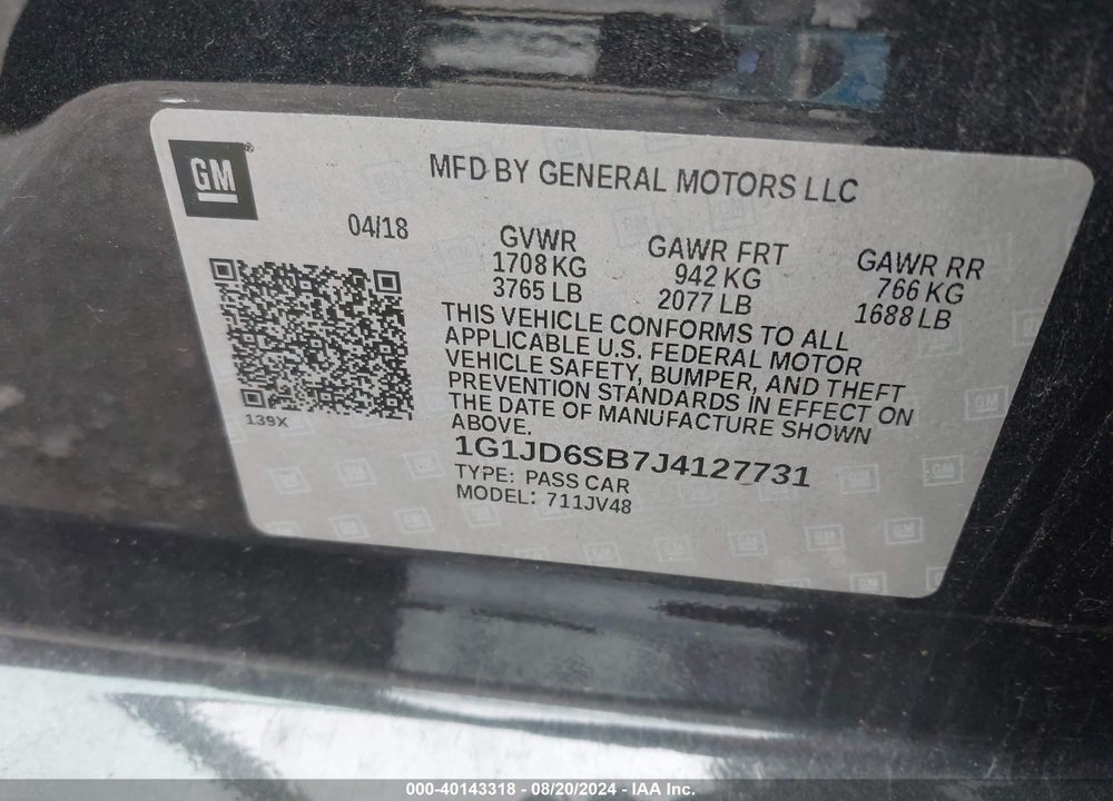 2018 CHEVROLET SONIC LT AUTO VIN: 1G1JD6SB7J4127731