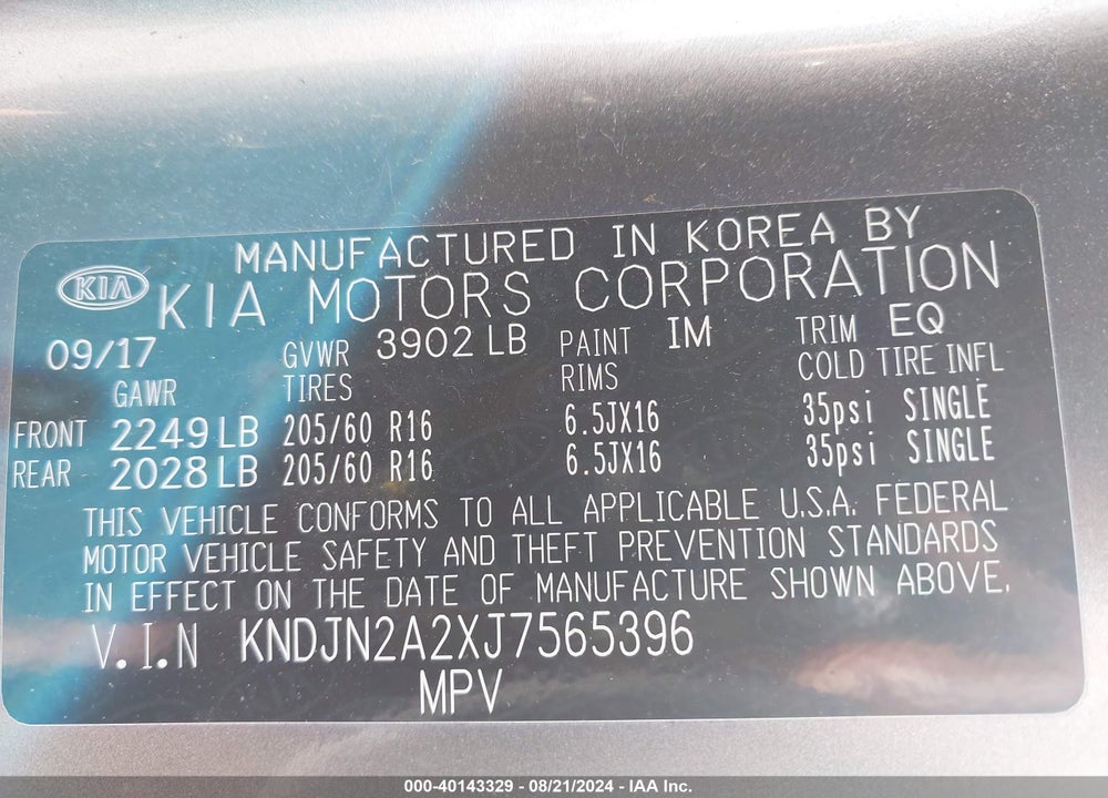 2018 KIA SOUL VIN: KNDJN2A2XJ7565396