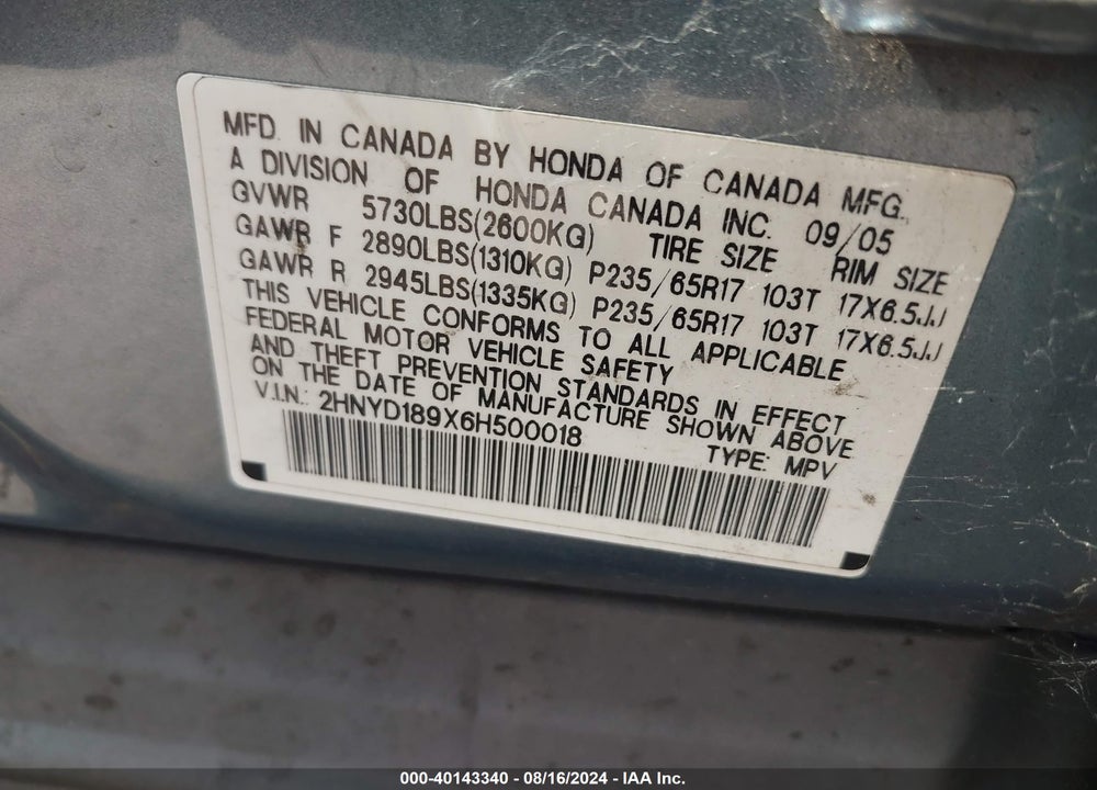 2006 ACURA MDX VIN: 2HNYD189X6H500018