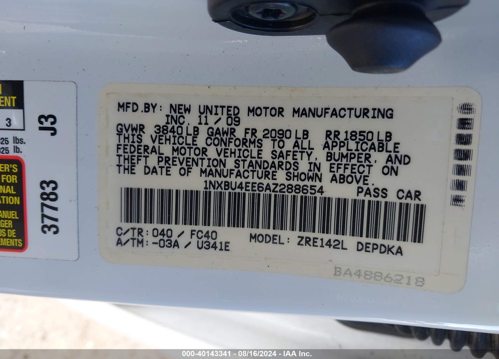 2010 TOYOTA COROLLA LE VIN: 1NXBU4EE6AZ288654