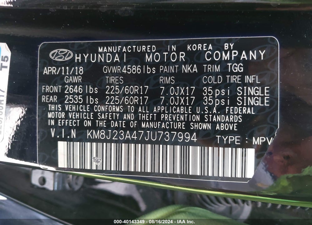 2018 HYUNDAI TUCSON SE VIN: KM8J23A47JU737994