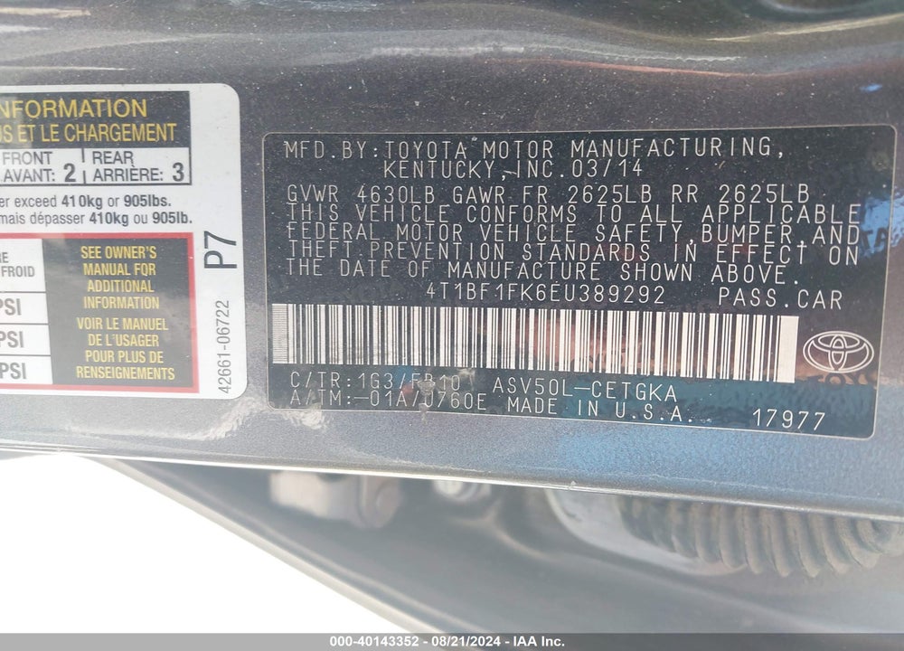 2014 TOYOTA CAMRY XLE VIN: 4T1BF1FK6EU389292