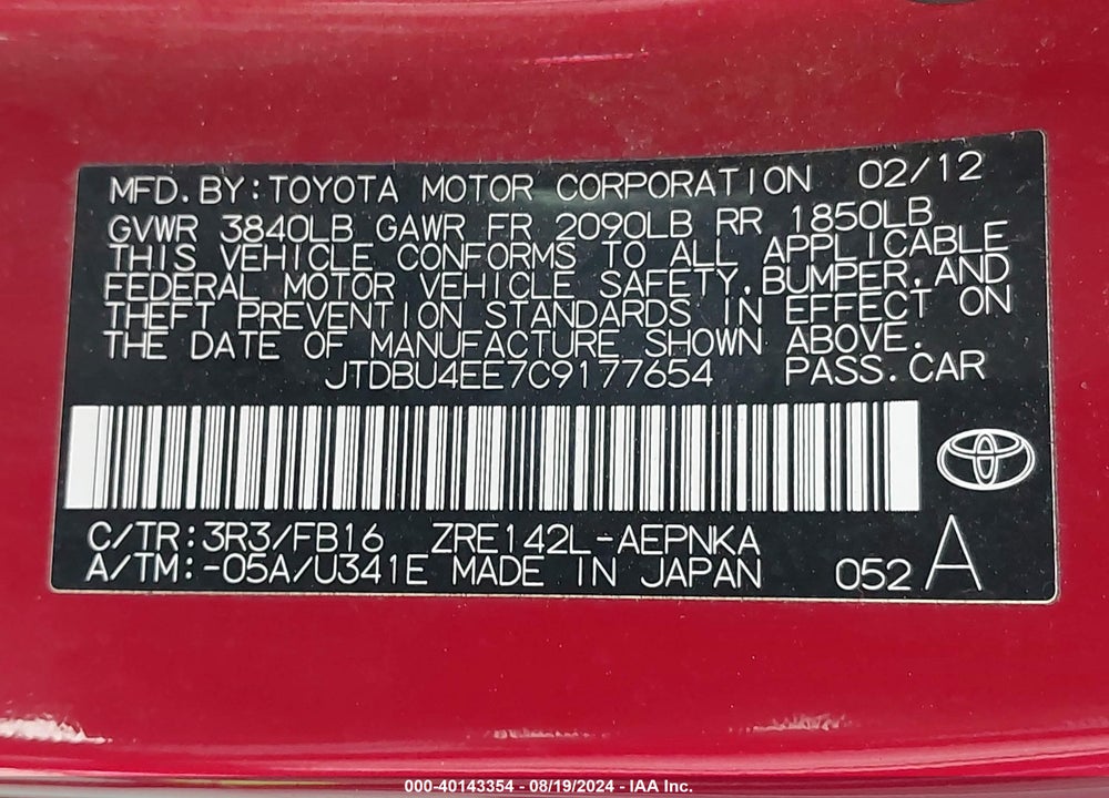 2012 TOYOTA COROLLA LE VIN: JTDBU4EE7C9177654