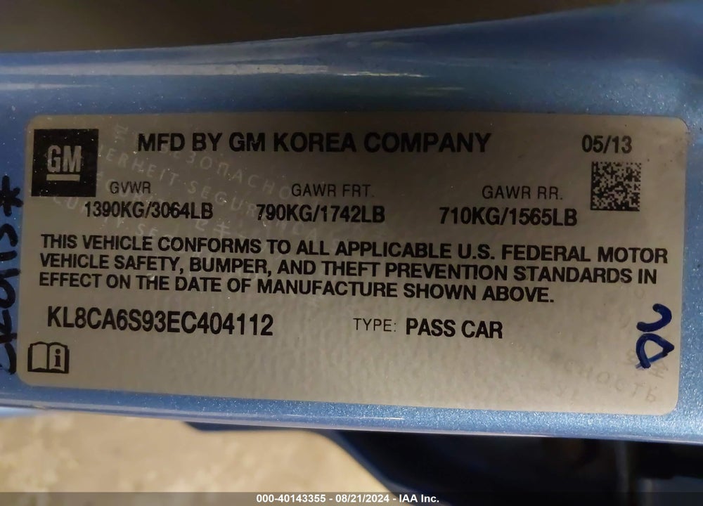 2014 CHEVROLET SPARK LS MANUAL VIN: KL8CA6S93EC404112