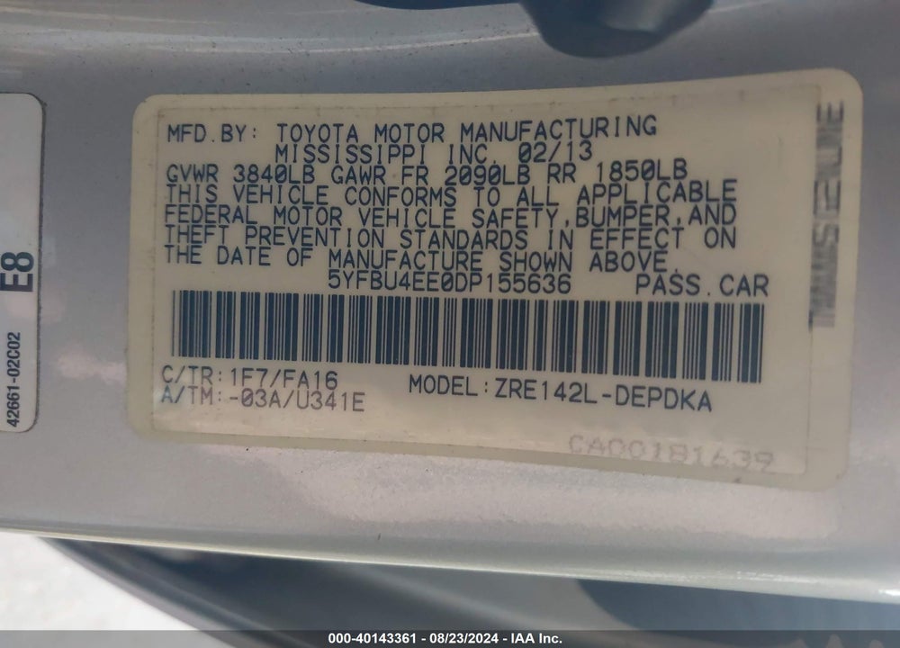 2013 TOYOTA COROLLA L VIN: 5YFBU4EE0DP155636
