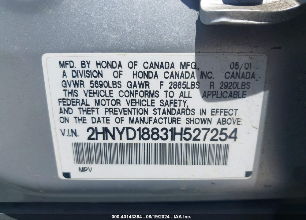 2001 ACURA MDX VIN: 2HNYD18831H527254
