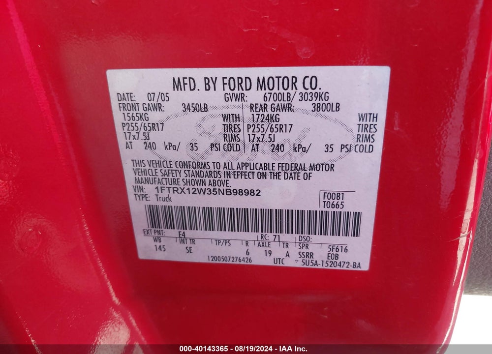 2005 FORD F-150 STX/XL/XLT VIN: 1FTRX12W35NB98982
