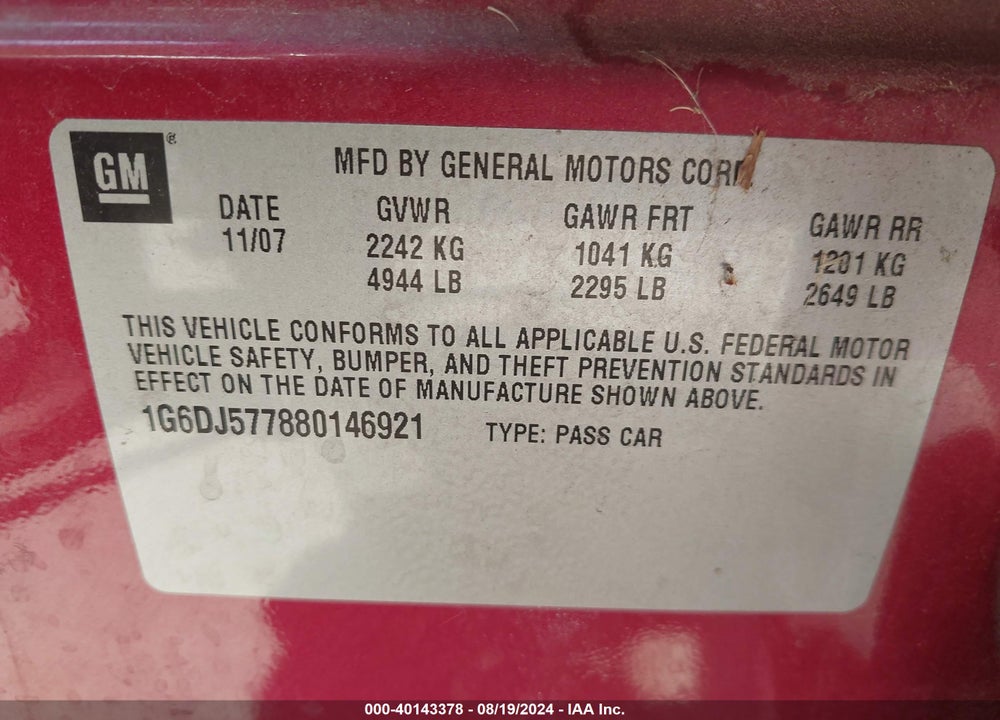 2008 CADILLAC CTS STANDARD VIN: 1G6DJ577880146921