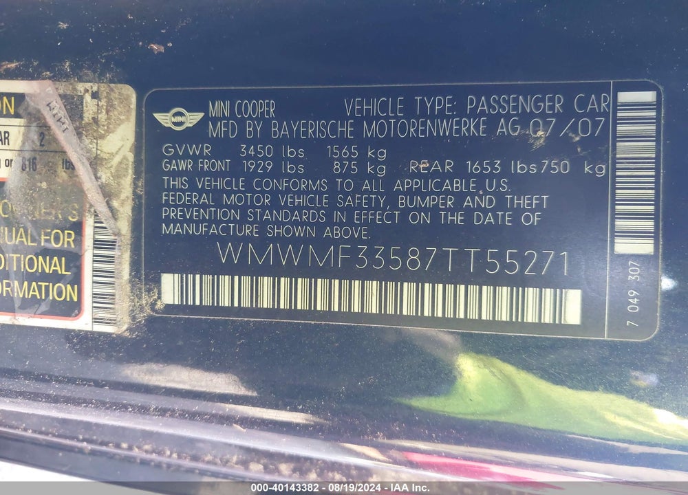 2007 MINI COOPER VIN: WMWMF33587TT55271
