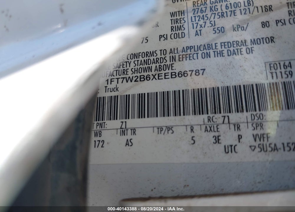 2014 FORD F-250 VIN: 1FT7W2B6XEEB66787