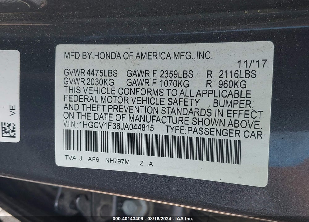2018 HONDA ACCORD SPORT VIN: 1HGCV1F36JA044815