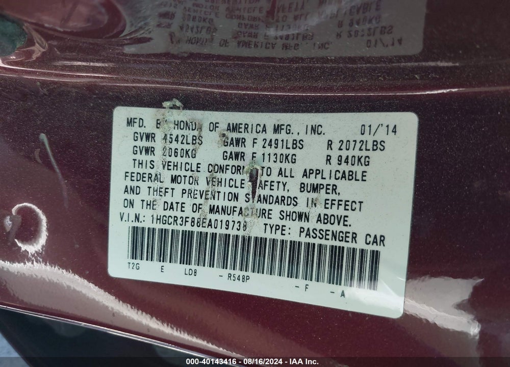 2014 HONDA ACCORD EX-L V-6 VIN: 1HGCR3F88EA019738