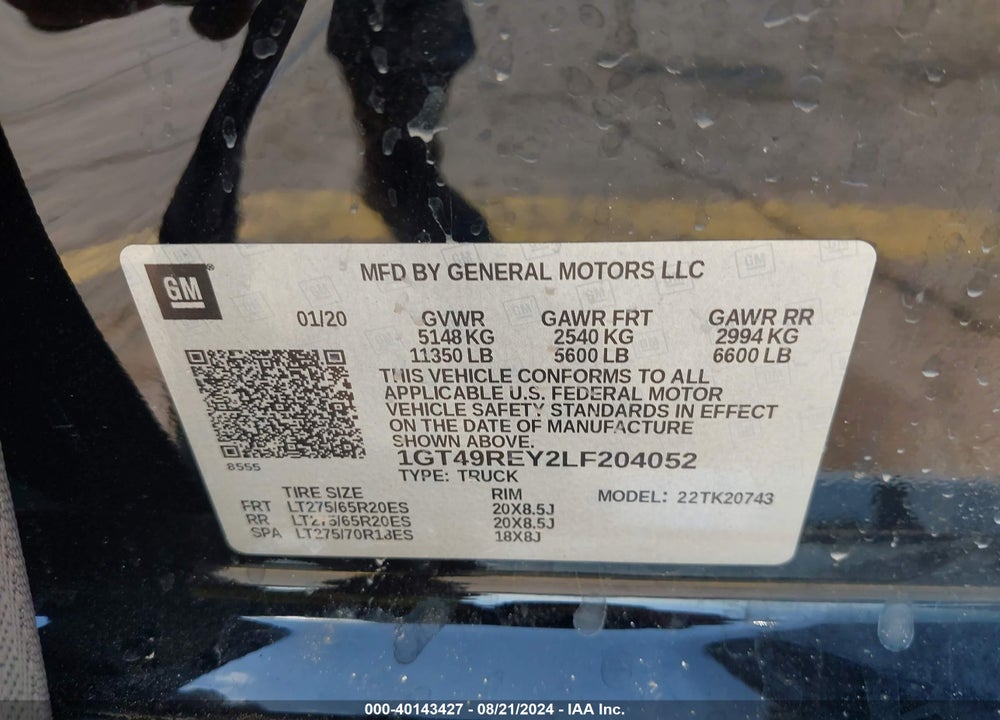 2020 GMC SIERRA 2500HD 4WD  STANDARD BED DENALI VIN: 1GT49REY2LF204052