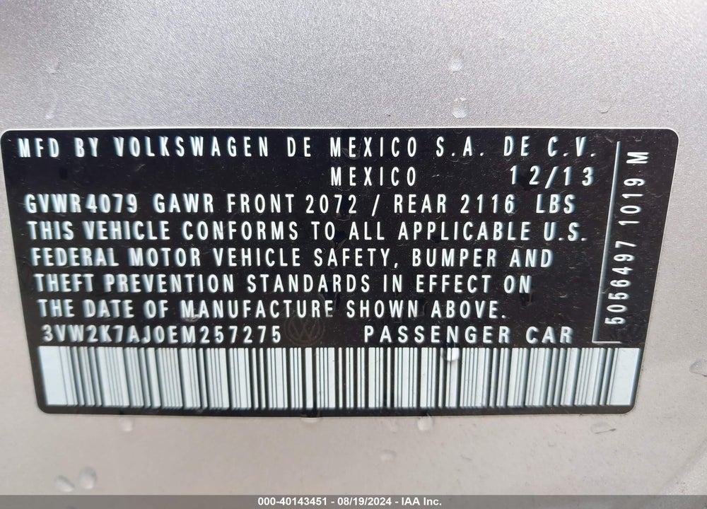 2014 VOLKSWAGEN JETTA 2.0L S VIN: 3VW2K7AJ0EM257275