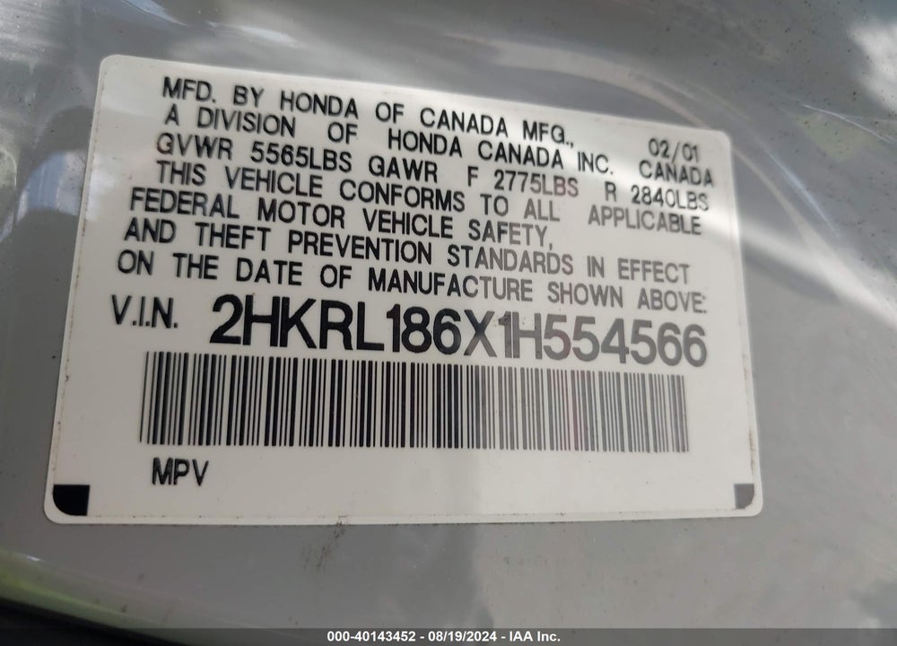 2001 HONDA ODYSSEY EX VIN: 2HKRL186X1H554566