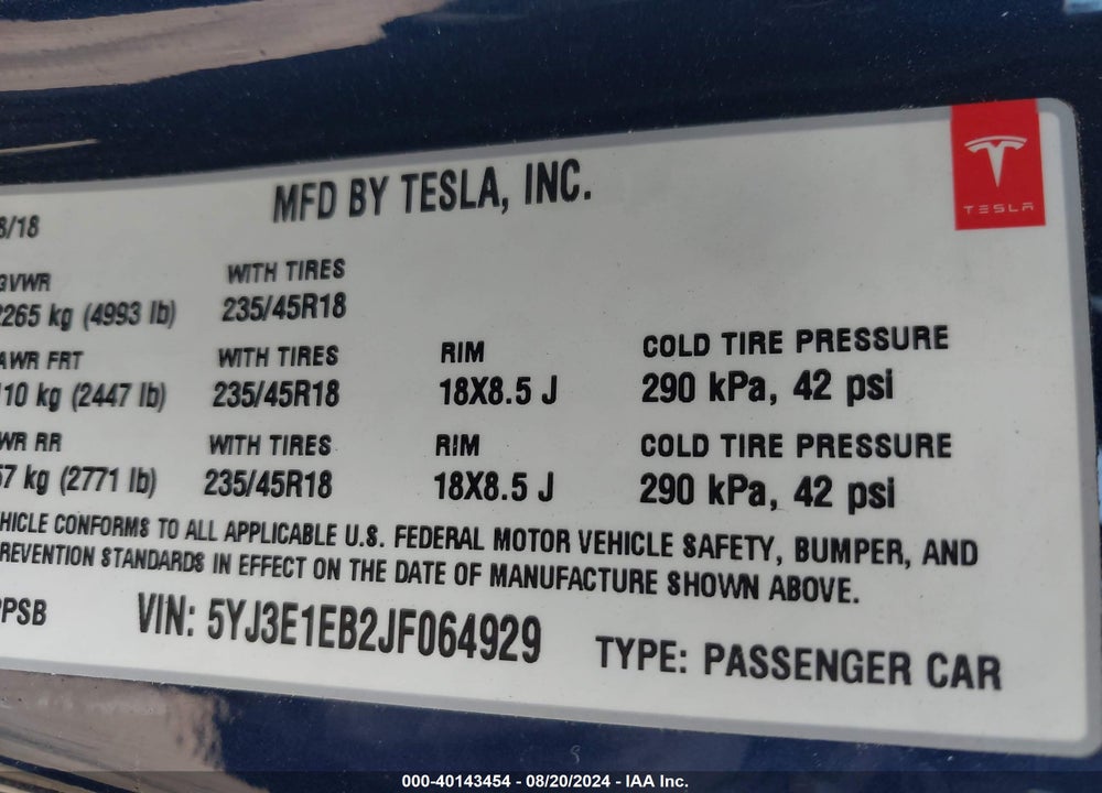 2018 TESLA MODEL 3 LONG RANGE/PERFORMANCE VIN: 5YJ3E1EB2JF064929