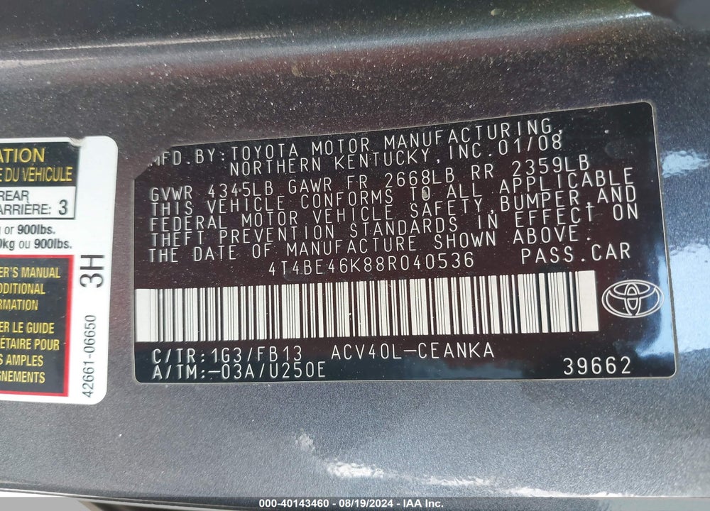 2008 TOYOTA CAMRY LE VIN: 4T4BE46K88R040536