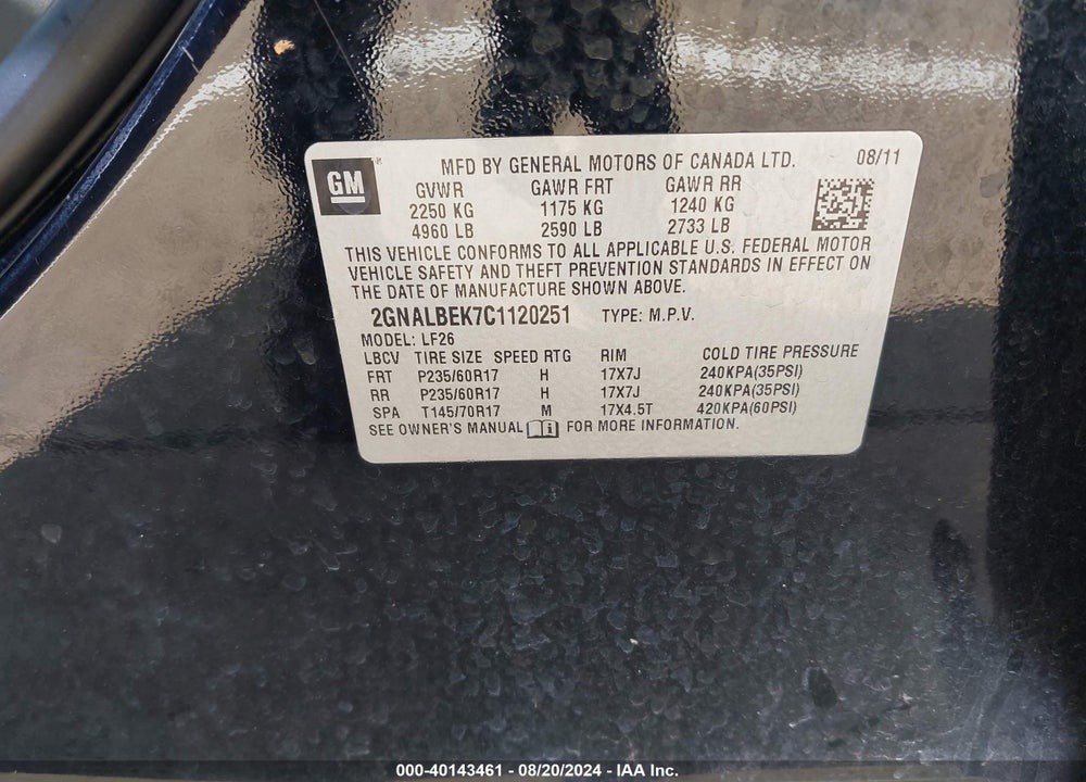 2012 CHEVROLET EQUINOX LS VIN: 2GNALBEK7C1120251