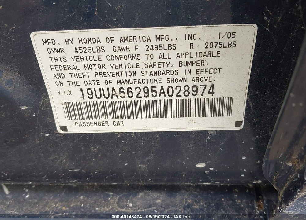 2005 ACURA TL VIN: 19UUA66295A028974