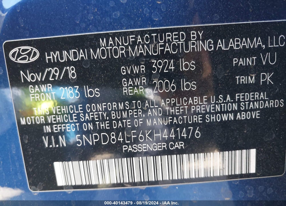 2019 HYUNDAI ELANTRA SEL VIN: 5NPD84LF6KH441476