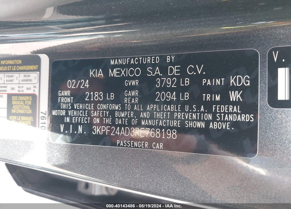 2024 KIA FORTE LXS VIN: 3KPF24AD3RE768198